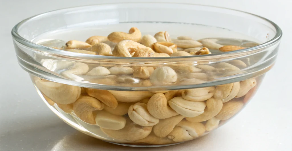 Tigela de vidro com castanhas de caju cruas de molho na água para fazer queijo vegano.