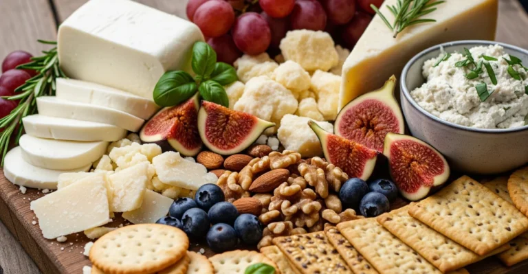 Tábua de madeira com uma variedade de queijos veganos, incluindo um queijo cremoso, um fatiado e um esfarelado, acompanhados de frutas, nozes e biscoitos.