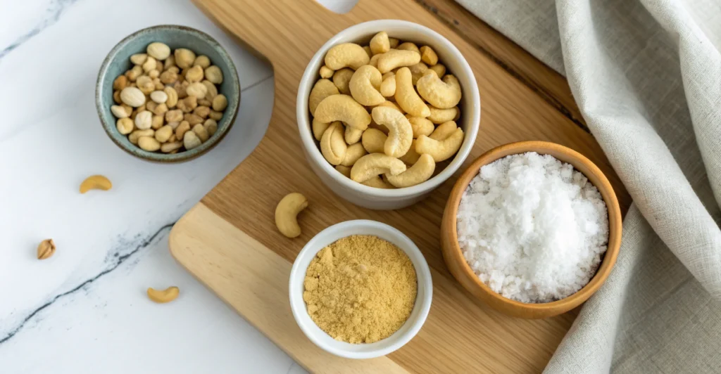 Ingredientes para a receita de queijo parmesão vegano: castanhas de caju, levedura nutricional e sal em potes separados.