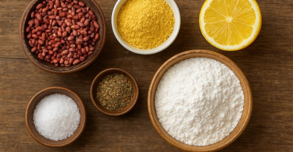 Ingredientes para a receita de queijo vegano de amendoim dispostos em tigelas de vidro: amendoim cru, levedura nutricional, limões, polvilho e sal.