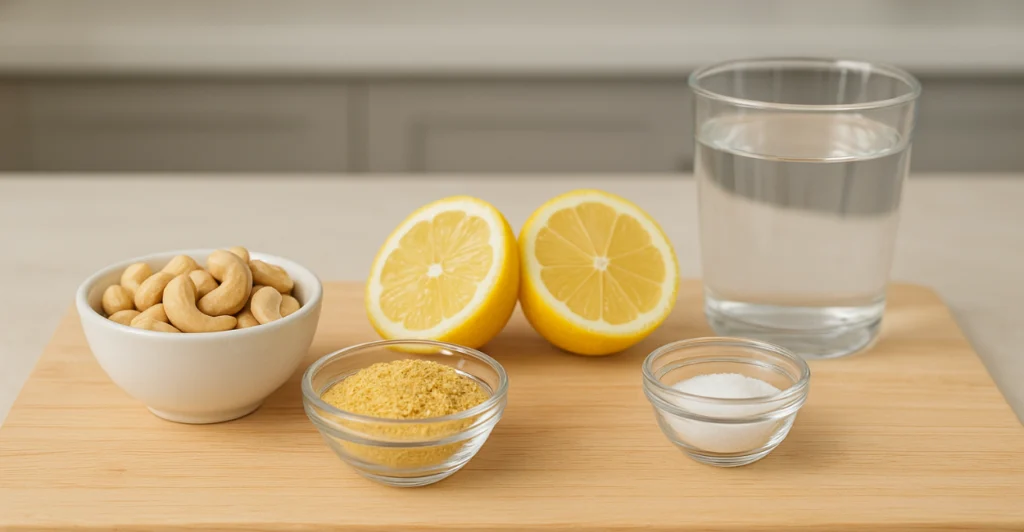 Ingredientes para fazer queijo vegano de castanha de caju: castanhas cruas, limão, levedura nutricional, sal e um copo de água sobre uma tábua de madeira.