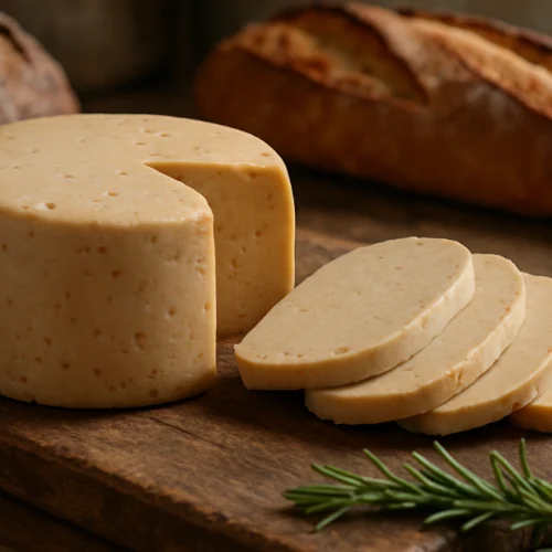 Queijo vegano de amendoim de corte, redondo e fatiado sobre uma tábua de madeira rústica, com pães artesanais ao fundo