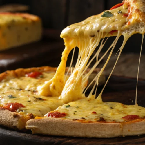 Fatia de pizza sendo retirada, mostrando o queijo vegano de batata amarelo-dourado derretido e esticando em fios elásticos (cheese pull).