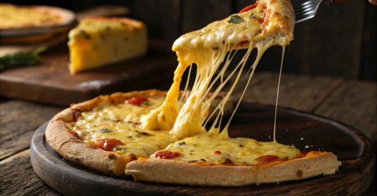 Fatia de pizza sendo retirada, mostrando o queijo vegano de batata amarelo-dourado derretido e esticando em fios elásticos (cheese pull).