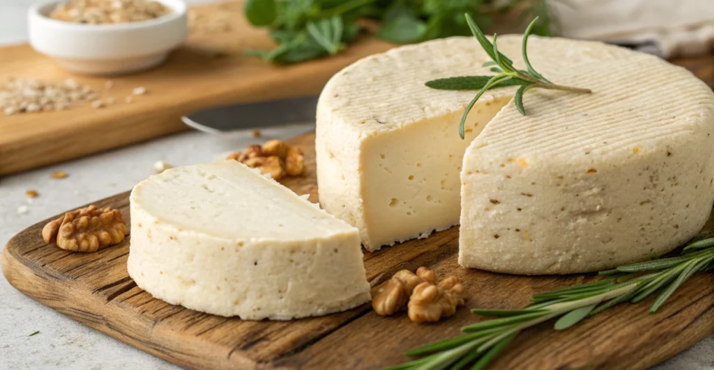 Queijo vegano maturado artesanal de castanha de caju, cortado sobre uma tábua de madeira rústica, acompanhado de nozes e um ramo de alecrim, inspirando uma receita caseira.
