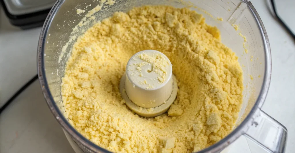 Close-up da textura de farofa do queijo vegano ralado dentro de um processador de alimentos, mostrando o resultado final após pulsar os ingredientes.